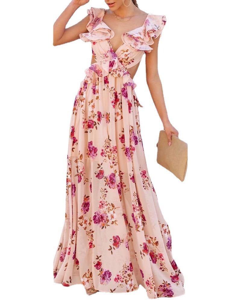Summer Women's Floral Print Bohemian Fashion Casual V Neck Holiday  Maxi Dress