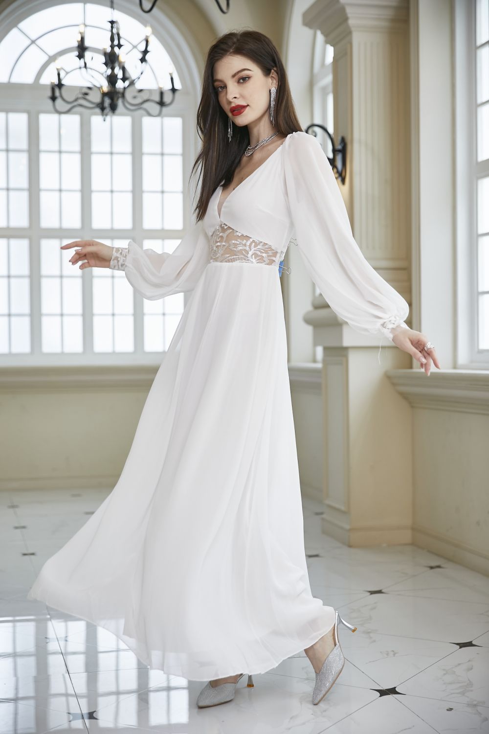 Women Fashion Solid Color Slim V Neck Elegant Sexy Party  Maxi Dress