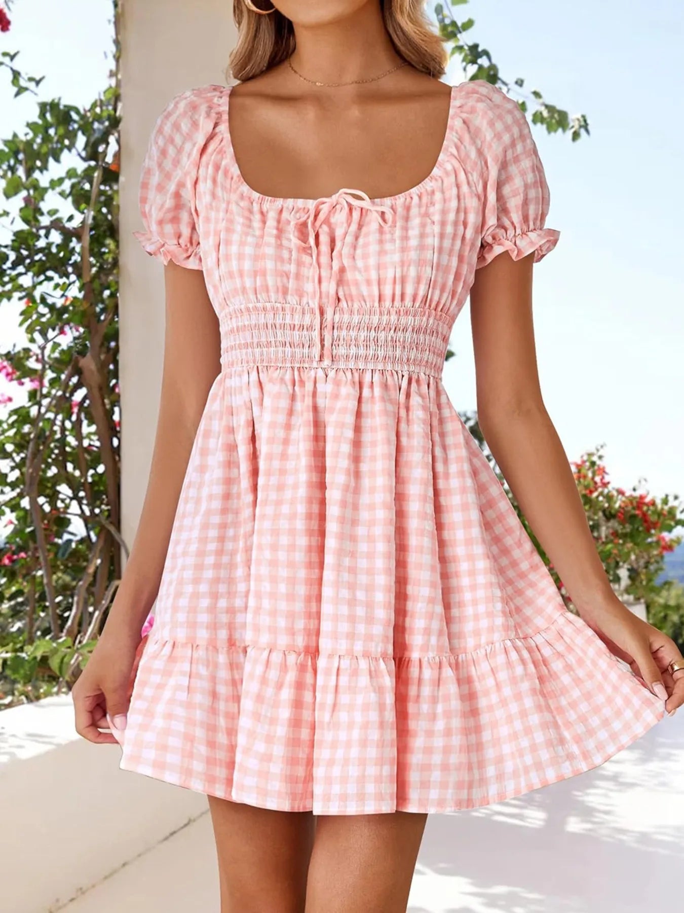 Gingham Smocked Puff Sleeve Summer Dress