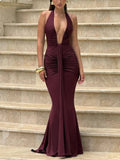Halter Deep V-neck Pleated Maxi Dress