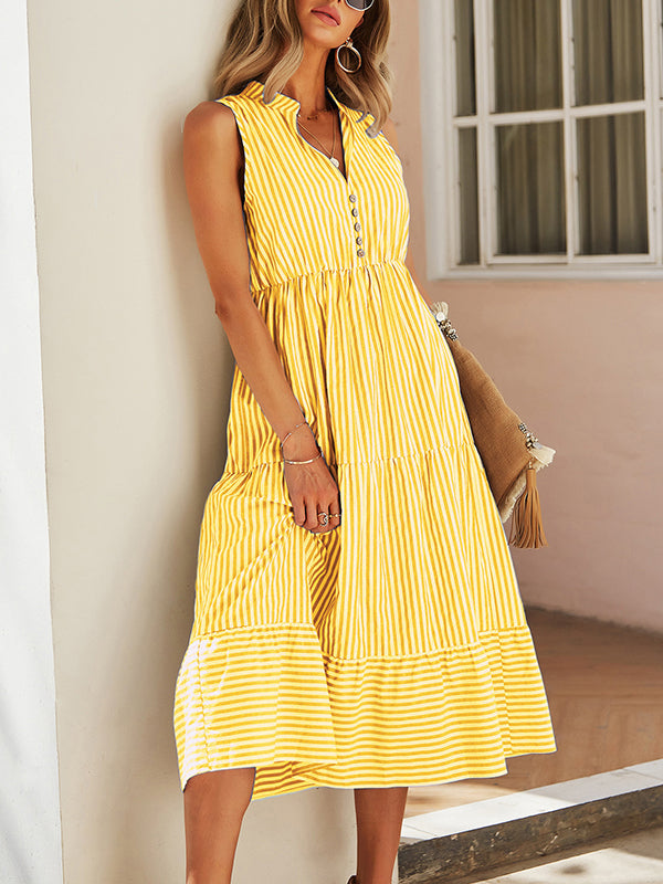 A-Line High Waisted Buttoned Split-Joint Striped V-Neck Midi Dresses