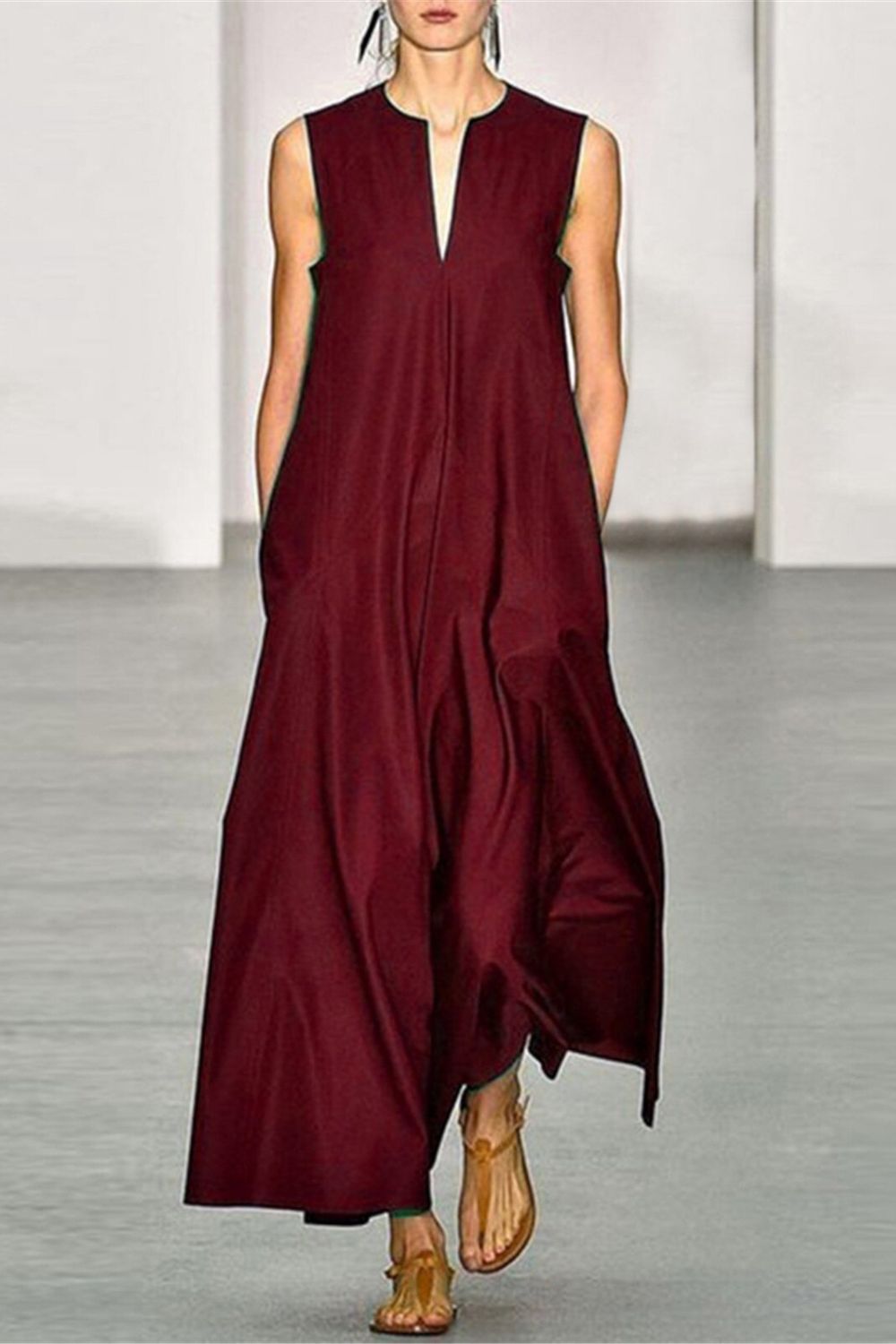 Summer Vintage Solid Color Casual V Neck Backless Party Maxi Dress