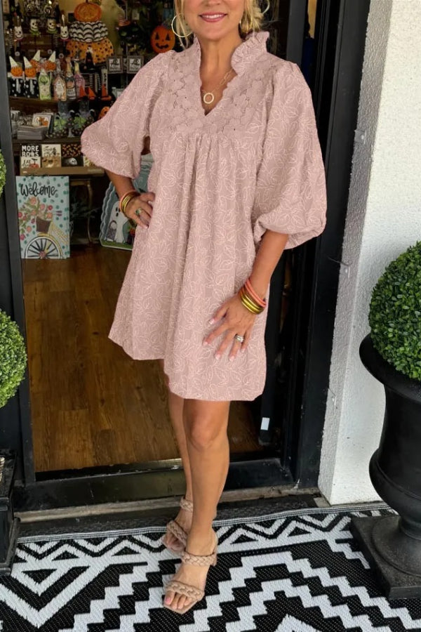 Women's Puff Sleeve Leaf Jacquard Mini Dress