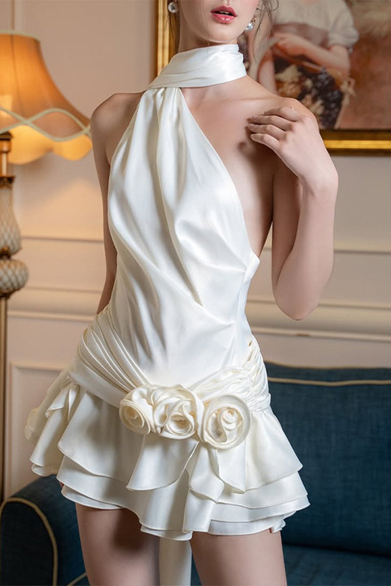 Sexy Backless Flounce Flower Shape Halter A Line Dresses