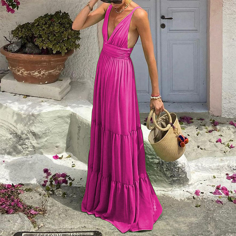 Summer Solid Color Fashion Temperament Sexy V Neck Sleeveless Backless Party Maxi Dress