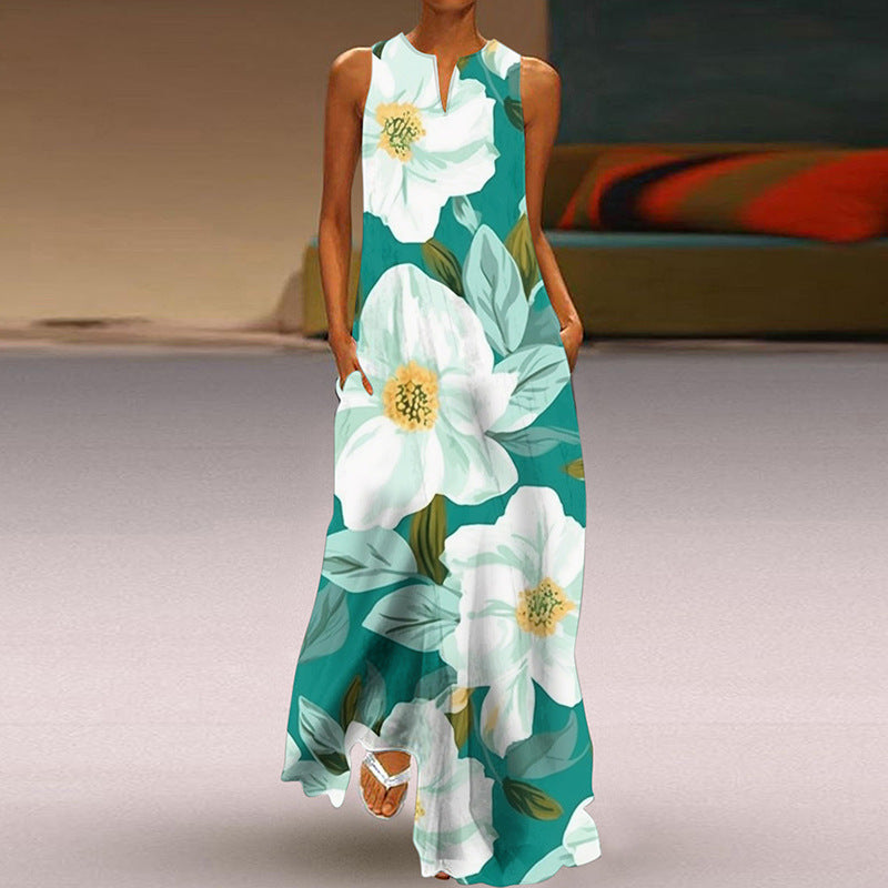 Summer Women Fashion Elegant Sleeveless V Neck Print Sexy Maxi Dress