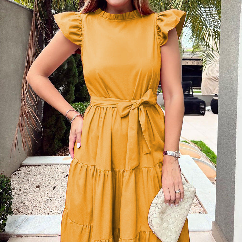 Women's Fashion Solid Color Round Neck Ruffle Strap Party  Maxi Dress