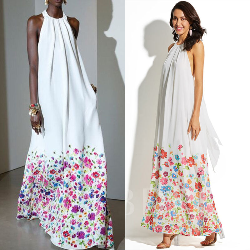 Women's Printed Sleeveless Halter Neck Sexy Big Swing Ruffle  Maxi Dress