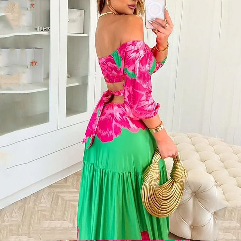 Women's Sexy Off Shoulder Print Hollow Lace Up Party Elegant Maxi Dress