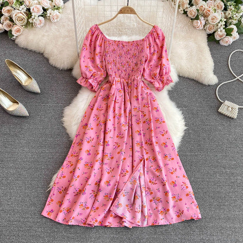 Fashion Floral Summer Square Neck Puff Sleeve Slit Slim Pleated Maxi Dress