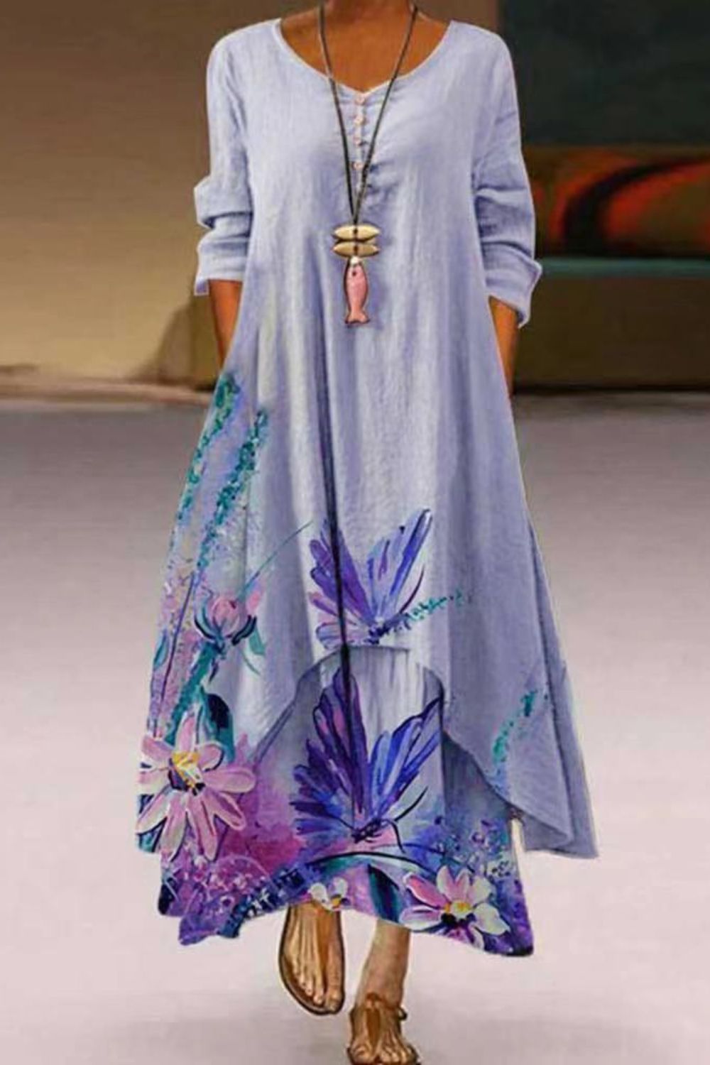 Summer Fashion Printed Long Sleeve Irregular Hem A-Line  Maxi Dress