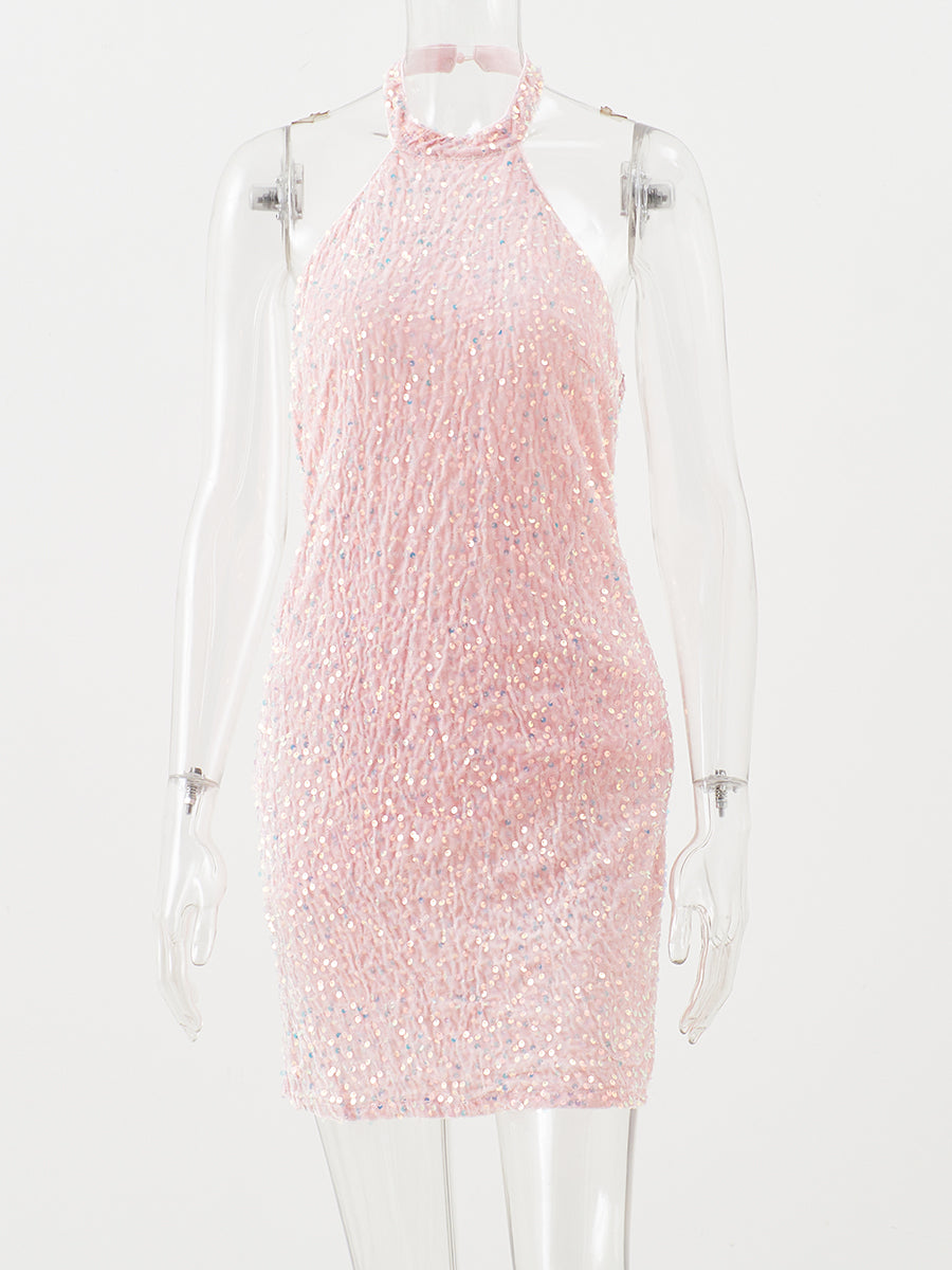 Women’s Solid Sequin Sleeveless Backless Halter Mini Dress