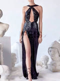 Sequined Hollow Slit Maxi Dress