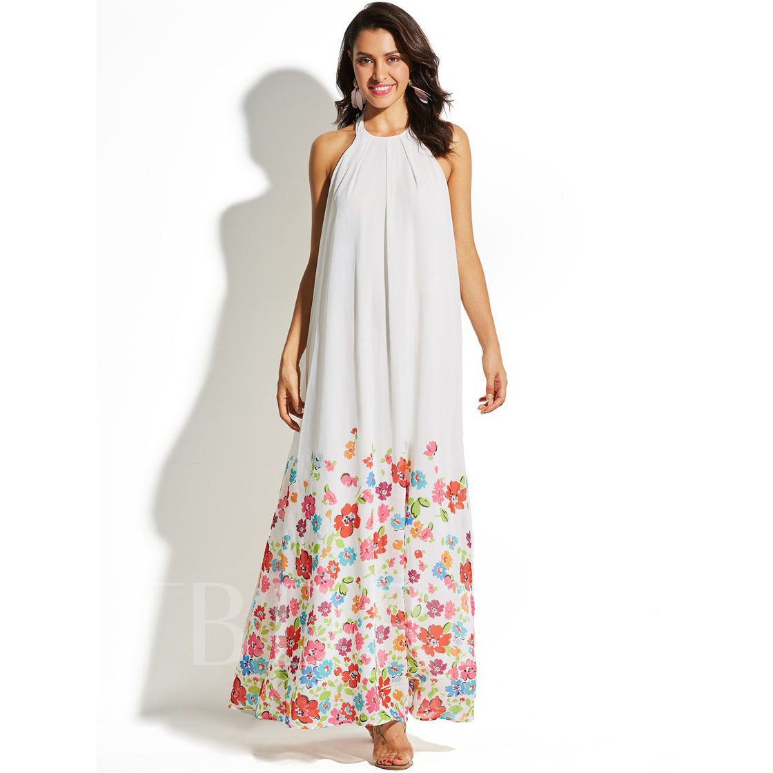 Women's Printed Sleeveless Halter Neck Sexy Big Swing Ruffle  Maxi Dress