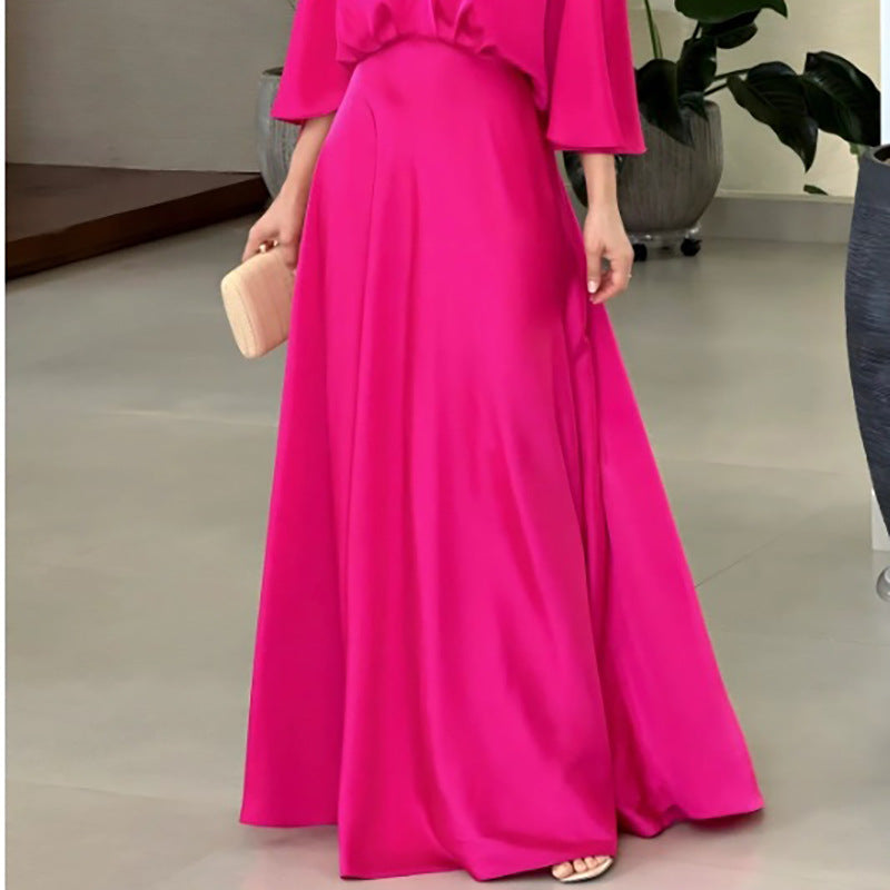 Fashion Solid Color Sexy V Neck Batman Sleeves Elegant Party Swing Maxi Dress