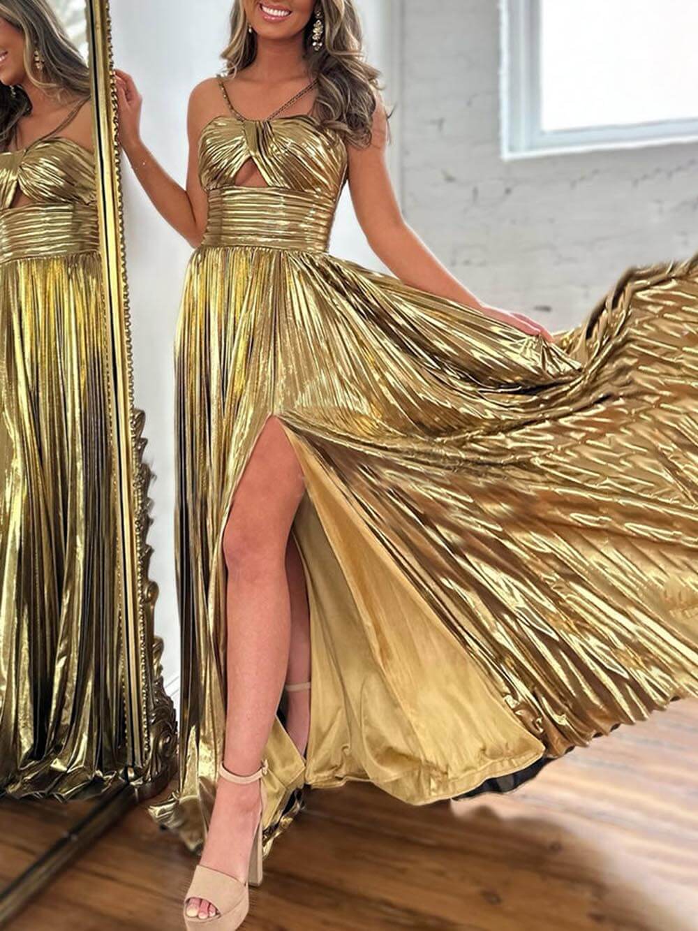 Elegant Queen Style Metallic Fabric Cross Neck Cutout Slit Pleated Maxi Dress