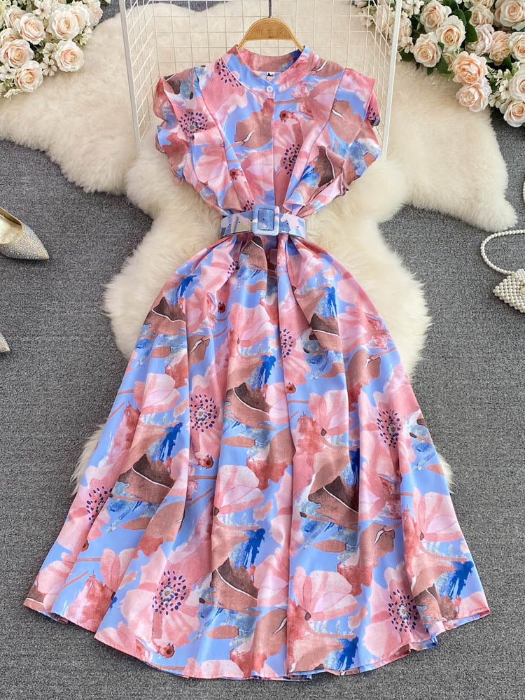Women Summer Stand Collar Print Elegant High Waist Fashion Party  Maxi Dress
