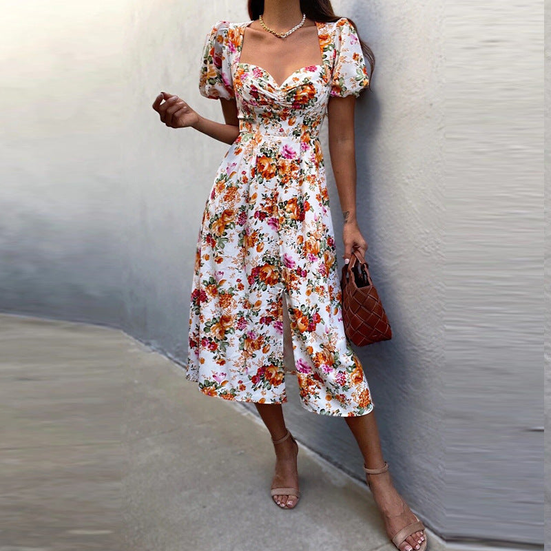 Fashion Off Shoulder Print Sexy Retro Elegant High Slit Ruffle Casual Maxi Dress
