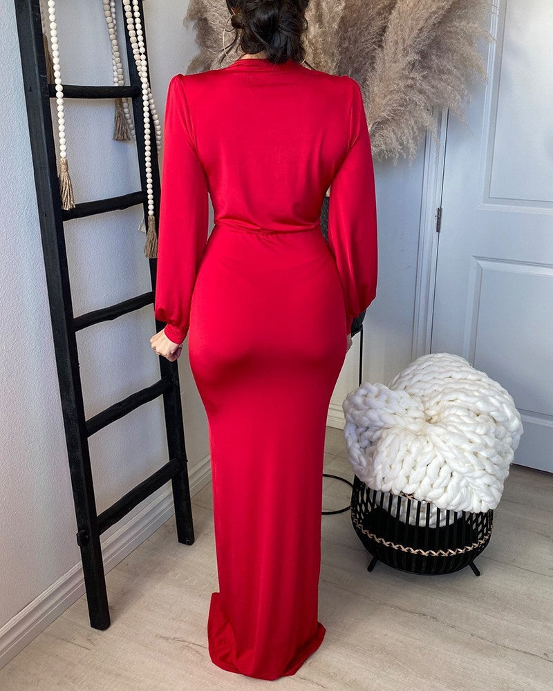 Elegant Party Long Sleeve Slim Slit Fashion  Maxi Dress