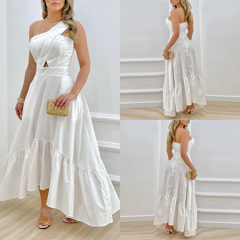 Summer Women's Solid Color Sexy Diagonal Neck Waist Ruffle Party  Maxi Dress