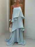 Elegant Three-layer Ruffle Sling Maxi Dress