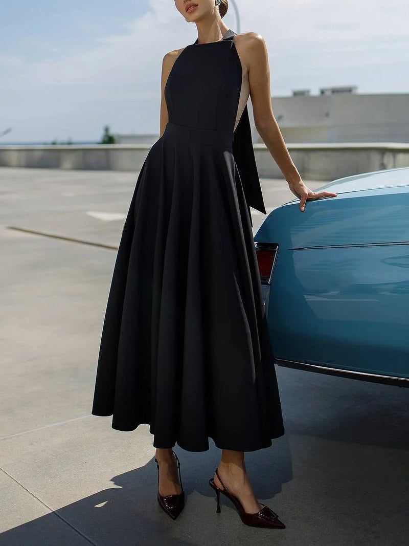 Elegant Halter Neck A-Line Midi Dress