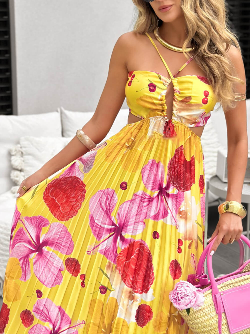 Beautiful Summer Print Ruched Ruffle Backless Tie Maxi Dress