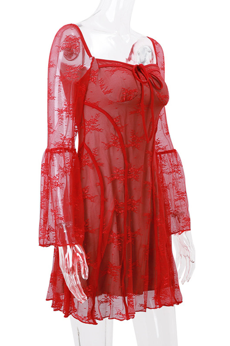 Sexy Lace Lace Up Square Neck A Line Dresses