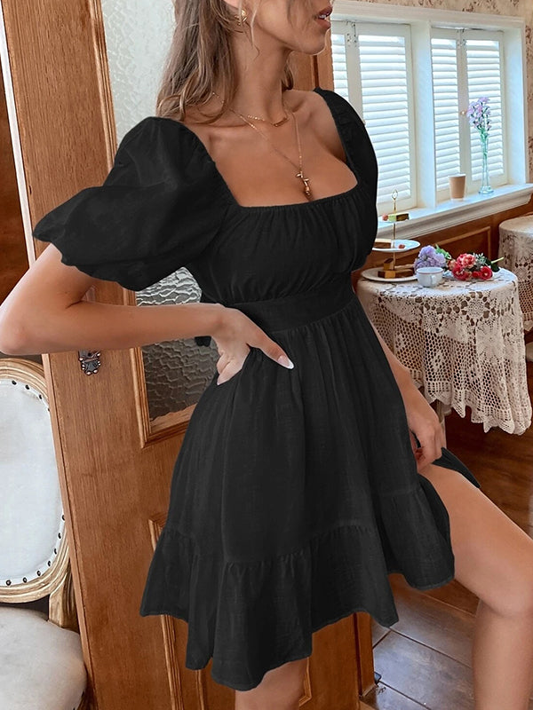 Backless Bowknot Elasticity Pleated Solid Color Split-Joint High Waisted Loose Square-neck Mini Dresses