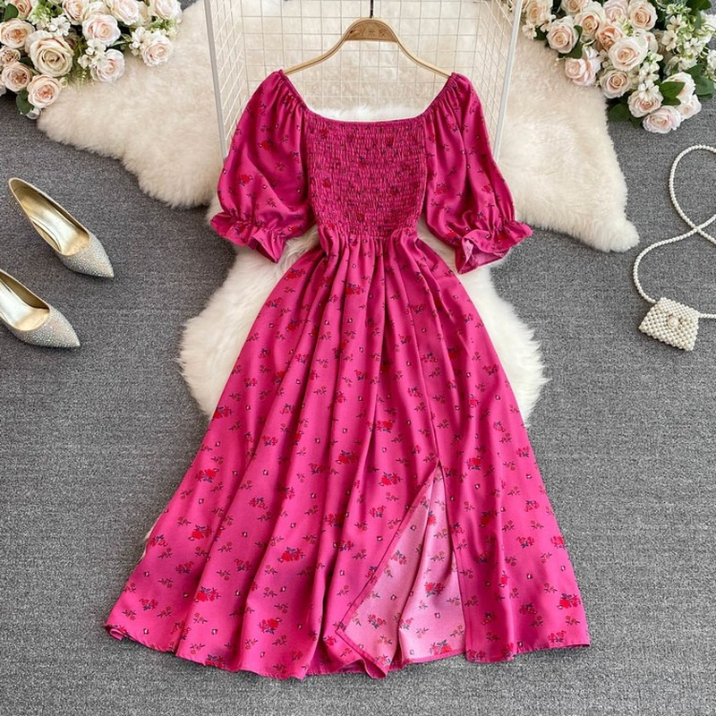 Fashion Floral Summer Square Neck Puff Sleeve Slit Slim Pleated Maxi Dress