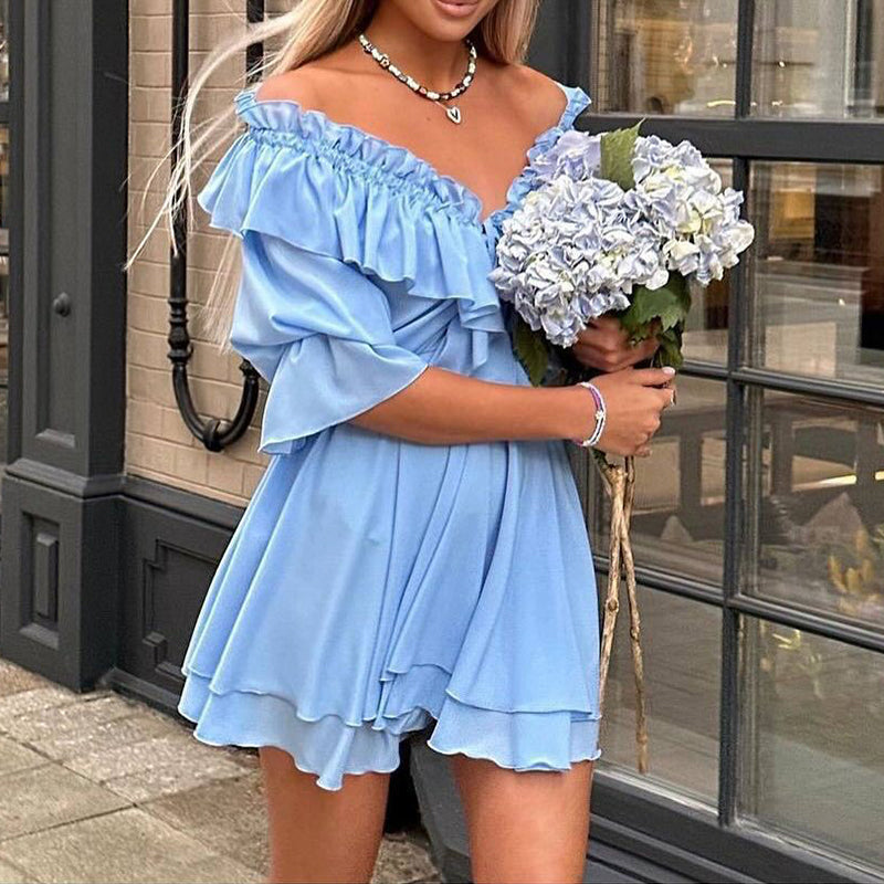 Summer Ruffles Beach Vacation Short Dress Elegant Solid Color Slim Women's Dress Temperament High Waist Slash Collar Party Dress