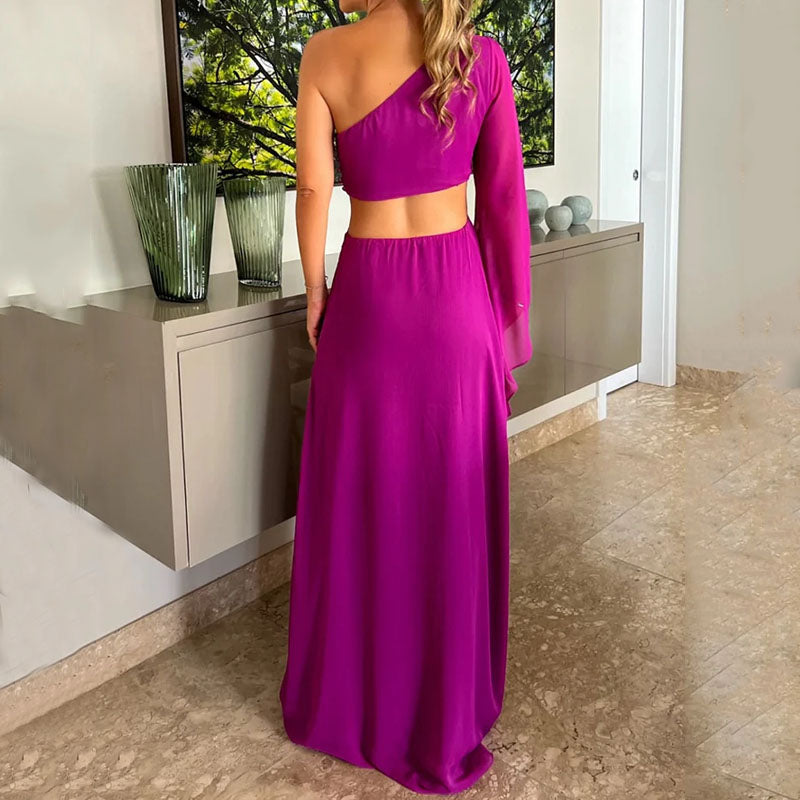 Summer Sexy Fashion Solid Color Slanted Shoulder Long Sleeve Pleated  Maxi Dress