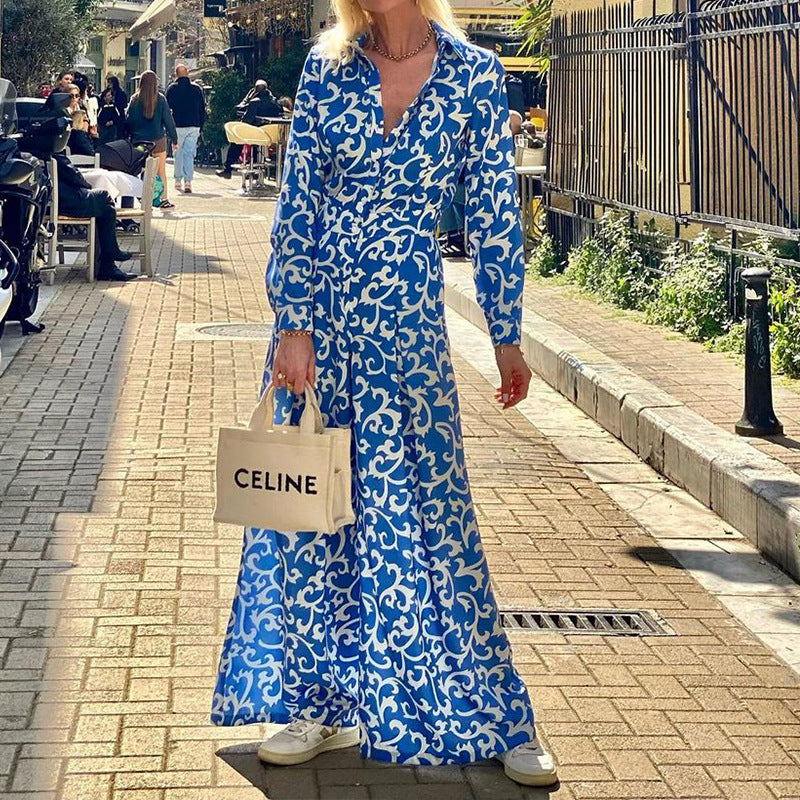 Fashion Femininity Print Lapel Casual Open Button  Maxi Dress