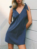 Bowknot Split-Joint Striped Sleeveless V-neck Shirt Dress Mini Dresses