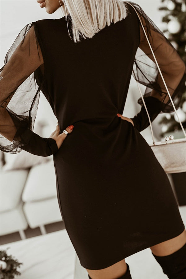 Contrast Mesh Sleeve Wrap Dress
