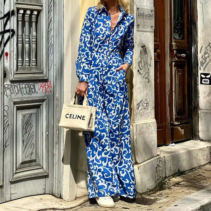 Fashion Femininity Print Lapel Casual Open Button  Maxi Dress