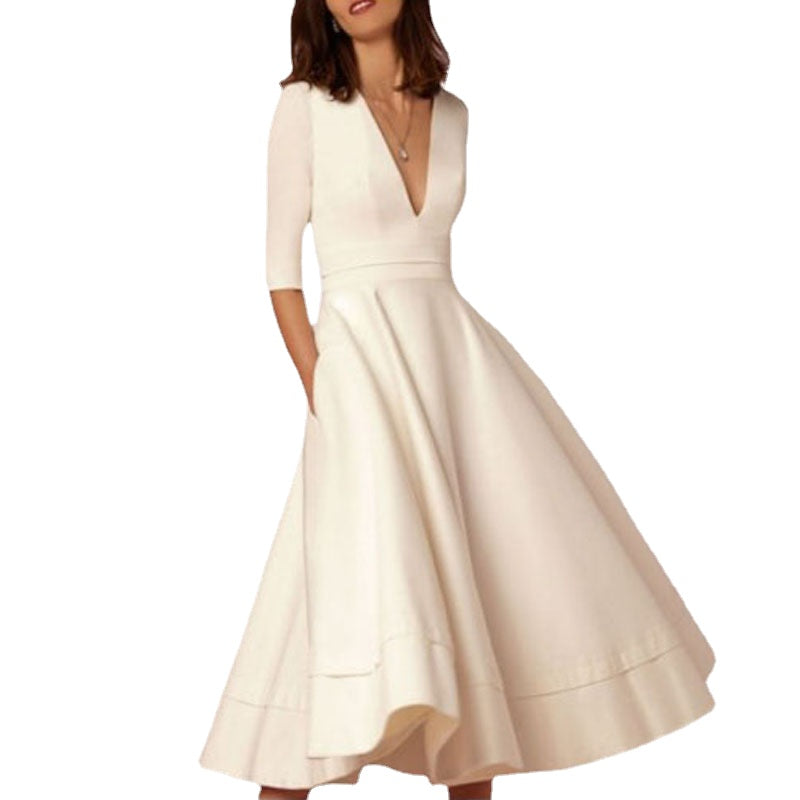 Deep V Neck Party Half Sleeves Sexy Solid Elegant Office Vintage A-Line Dress
