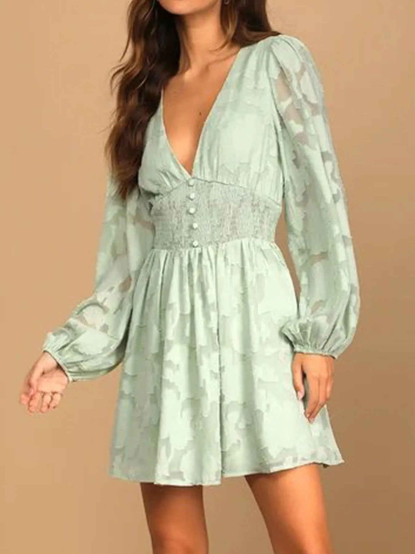 Smocked V-Neck Balloon Sleeve Dress