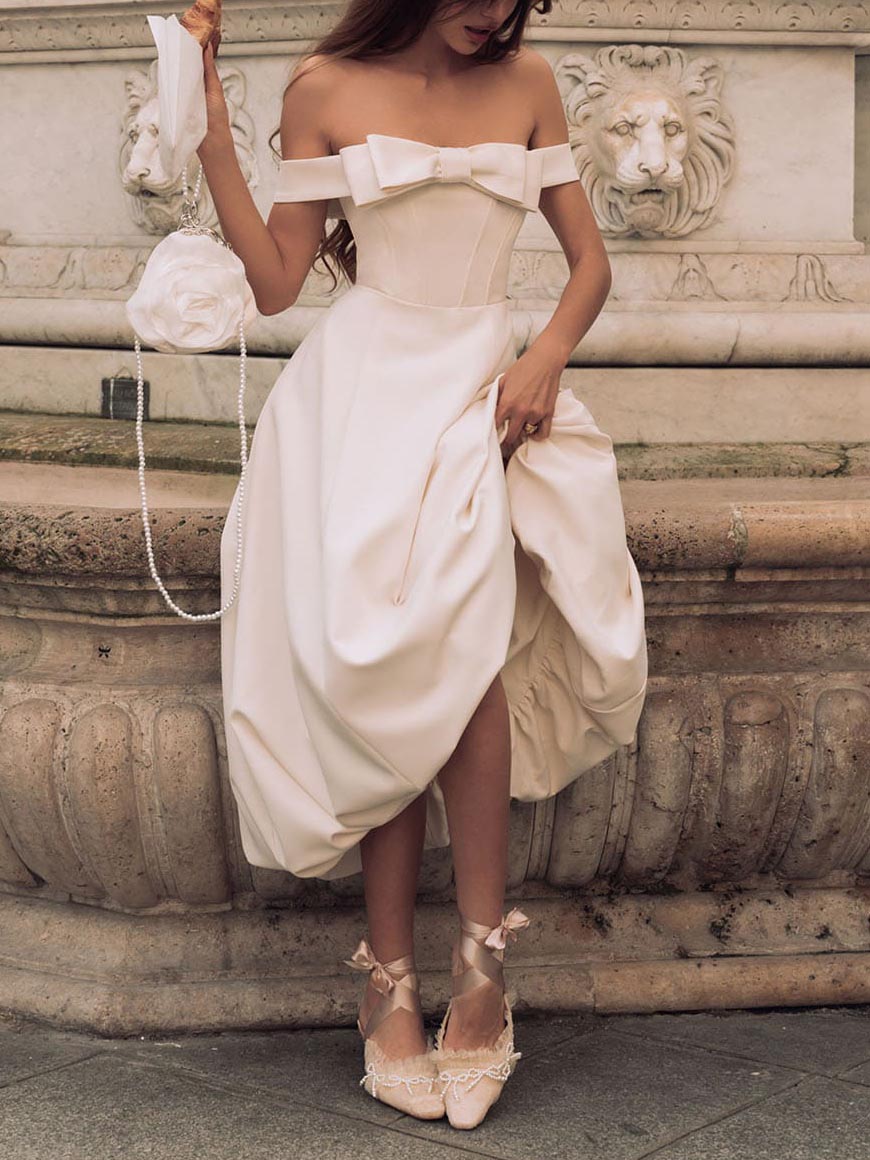 Elegant Bow Off-the-shoulder Puffy Skirt Maxi Dress