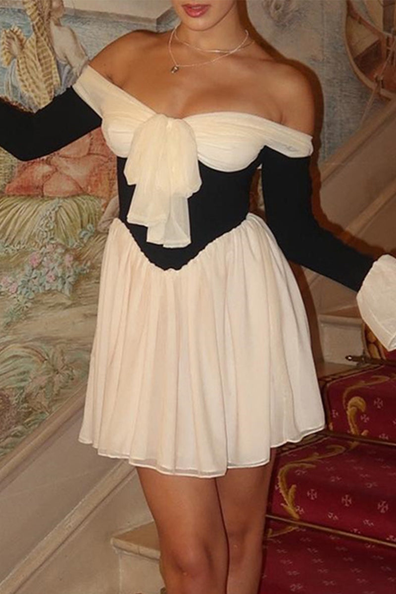 Sexy Backless Contrast Off Shoulder Waist Skirt Dresses