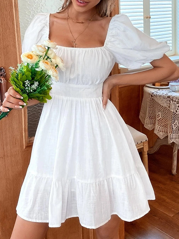 Backless Bowknot Elasticity Pleated Solid Color Split-Joint High Waisted Loose Square-neck Mini Dresses