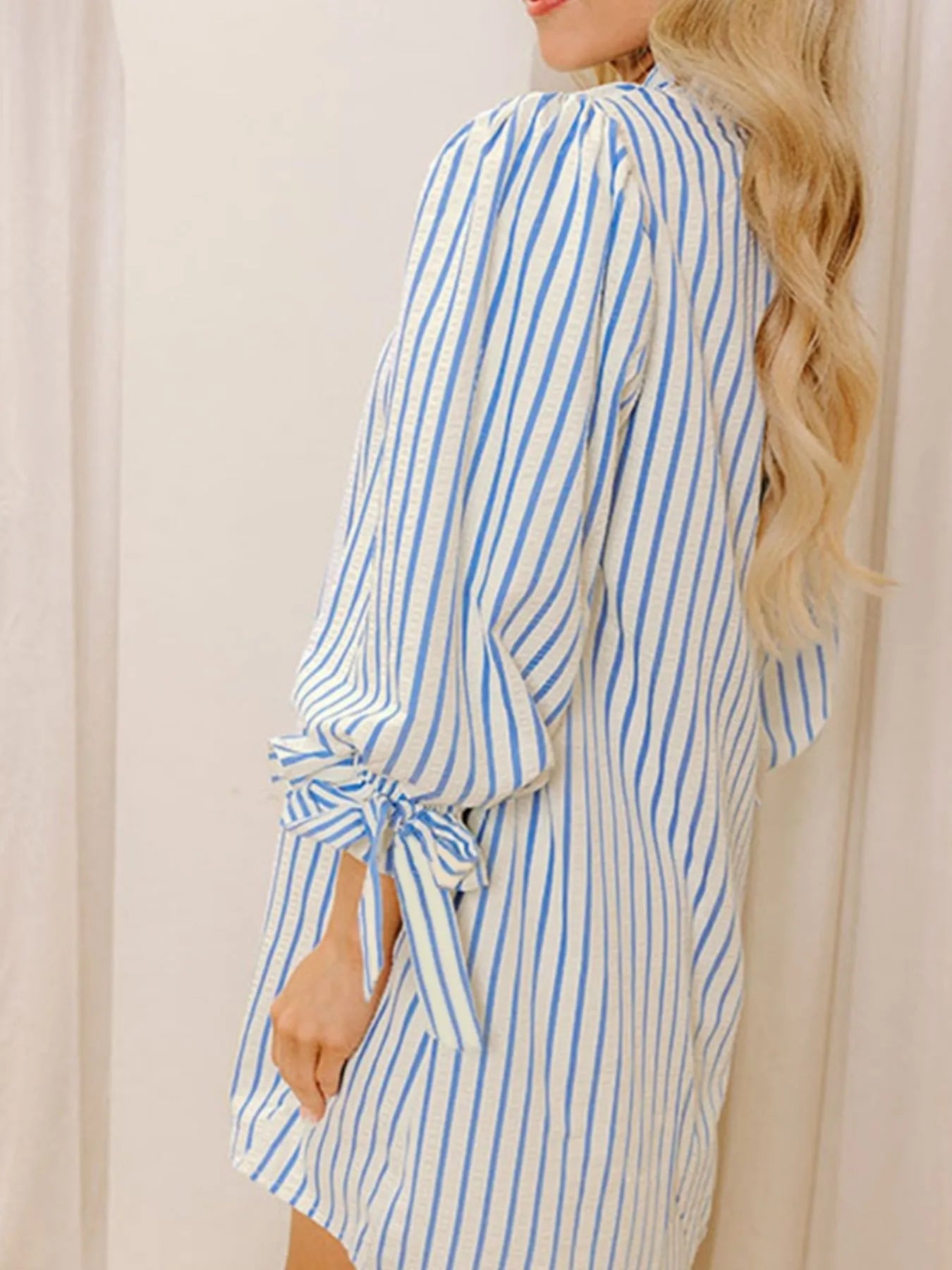 Stripe Knotted Sleeve Notched Shift Mini Dress
