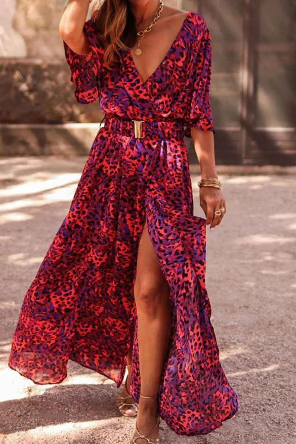 Elegant Deep V Neck Half Sleeve Fashion Casual Graphic Printing Slit Party Maxi Dress