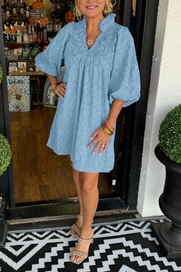 Women's Puff Sleeve Leaf Jacquard Mini Dress