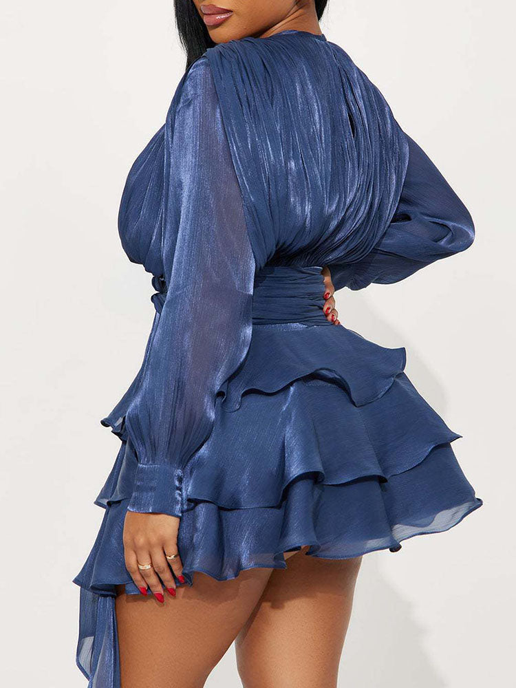 ✨ High Waist Draped A-Line Mini Dress | Elegant Long Sleeve Lace-Up Party Look