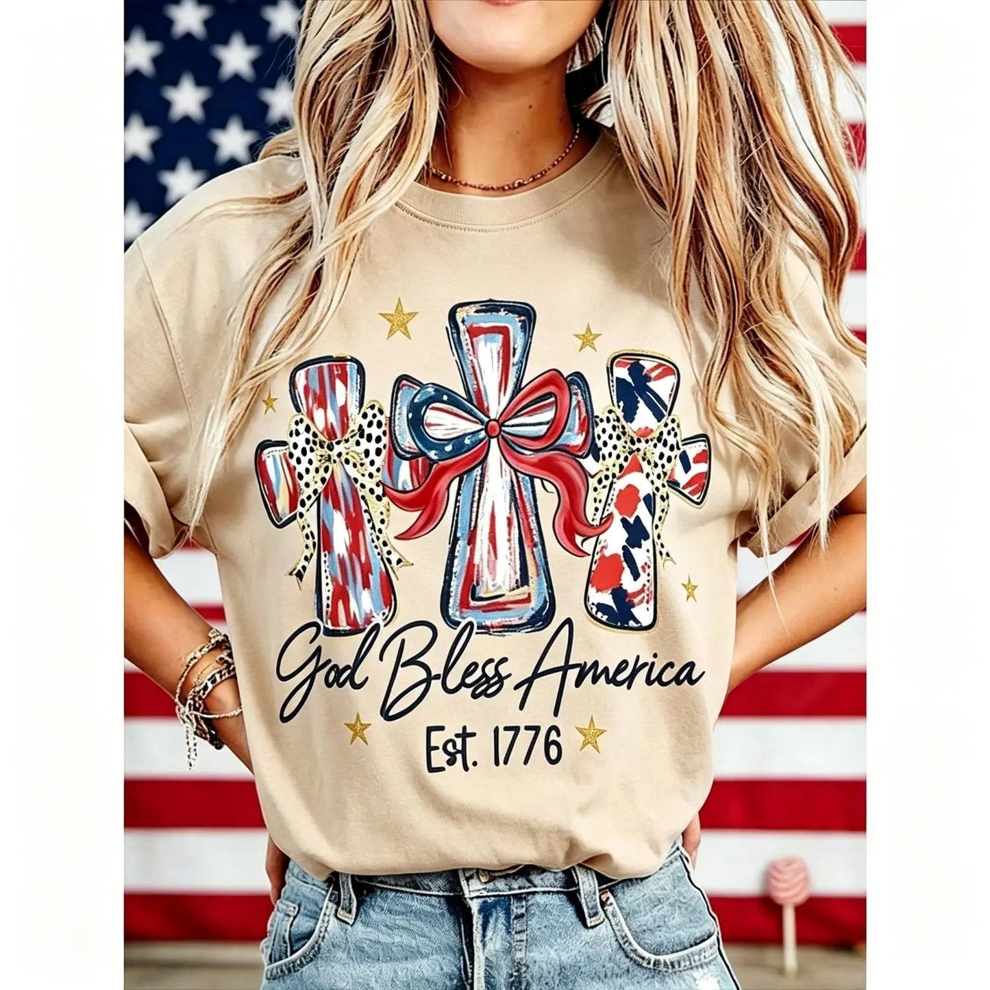 ⭐ God Bless America Women Washed T-Shirt - Vintage 250th Anniversary USA Gift Tee🎆