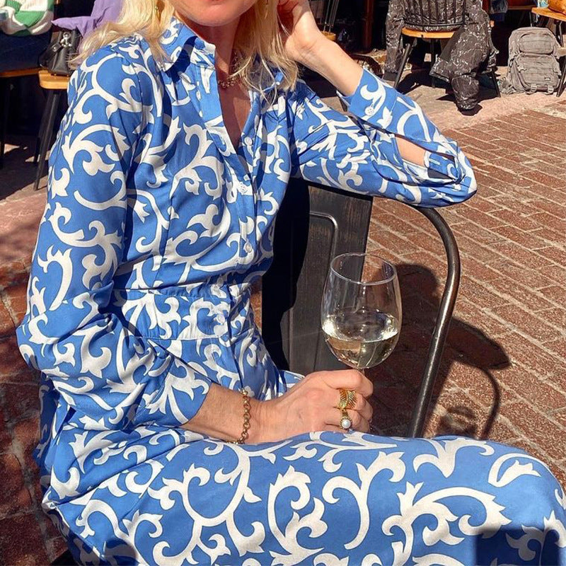 Fashion Femininity Print Lapel Casual Open Button  Maxi Dress