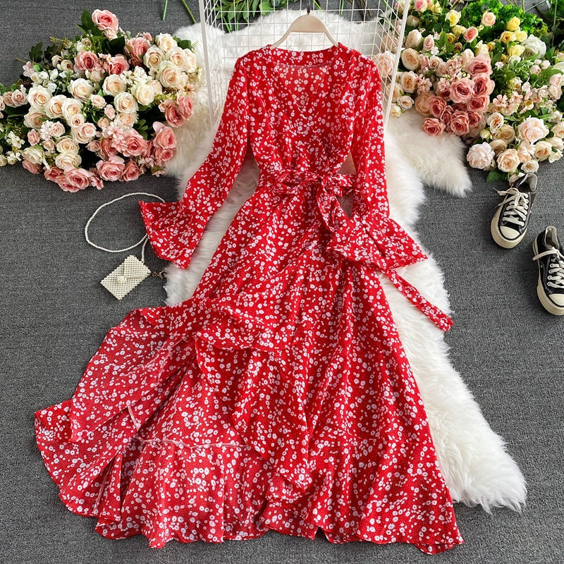 Casual V Neck Long Sleeve Vintage Elegant Oversized Hem Floral Ruffle Party Maxi Dress