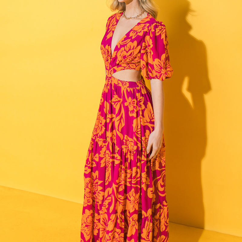 Women Summer Fashion Party Print Sexy Backless Tie Pleated Swing Maxi Dress