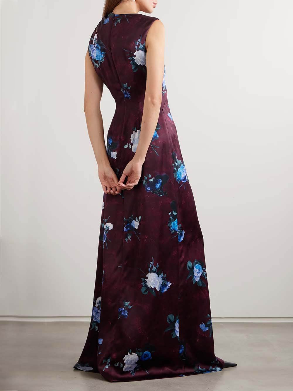 Asymmetrical Floral-Print Satin Maxi Dress